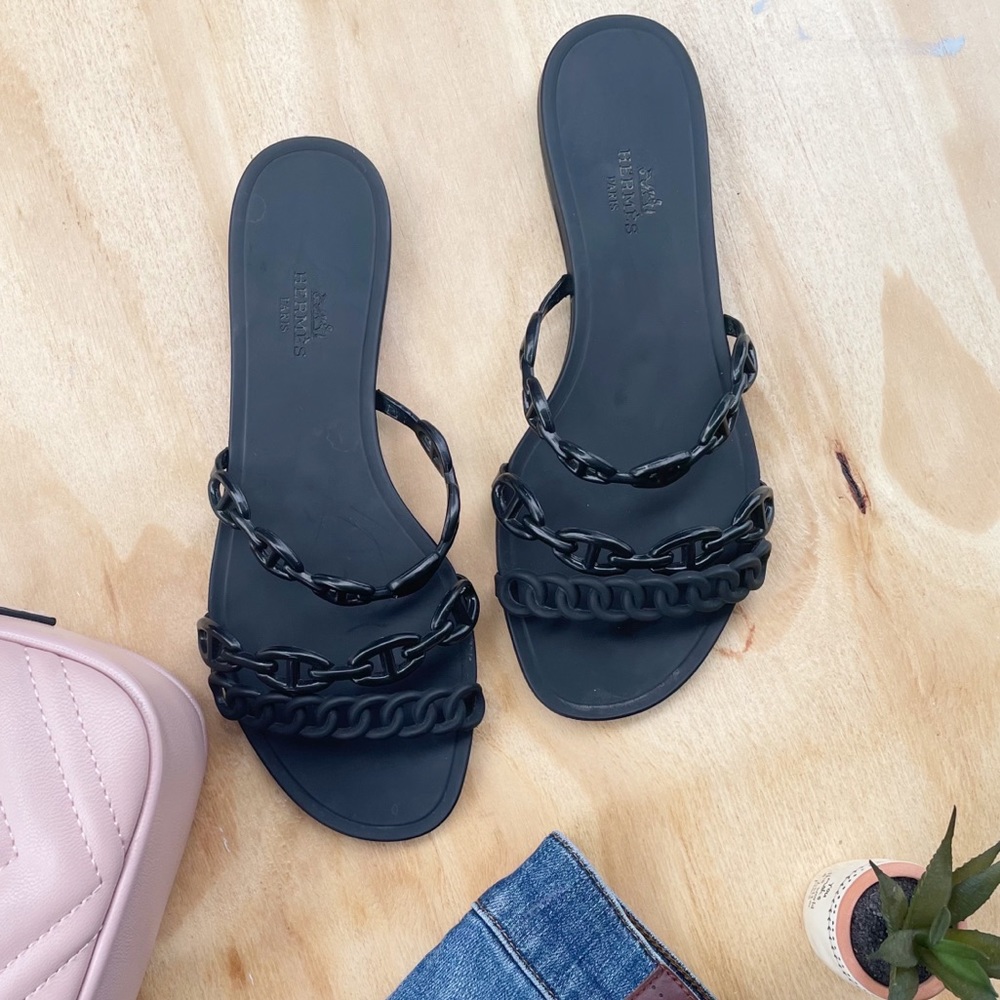 Hermes black chain sandals size 7
